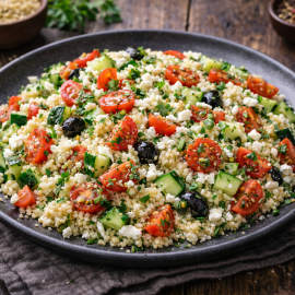 Cous-cous mediteranean cu roșii și castraveți