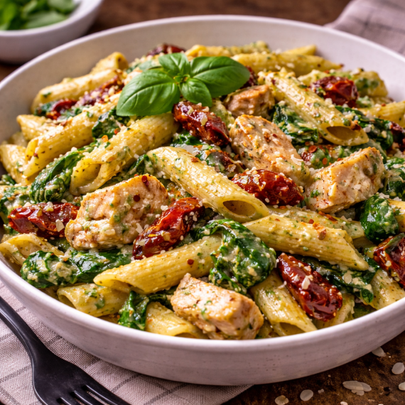 Penne cu pui, roșii uscate, pesto și spanac