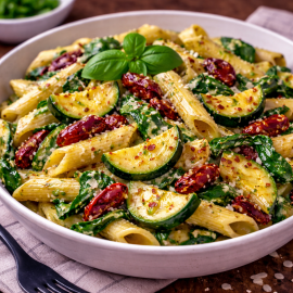 Penne cu zucchini, roșii uscate și spanac