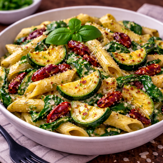 Penne cu zucchini, roșii uscate și spanac